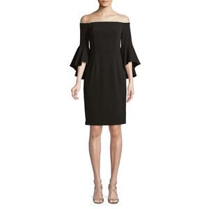Calvin Klein Off-the-Shoulder Ruffled Bell-Sleeve Dress - Black - Size 6